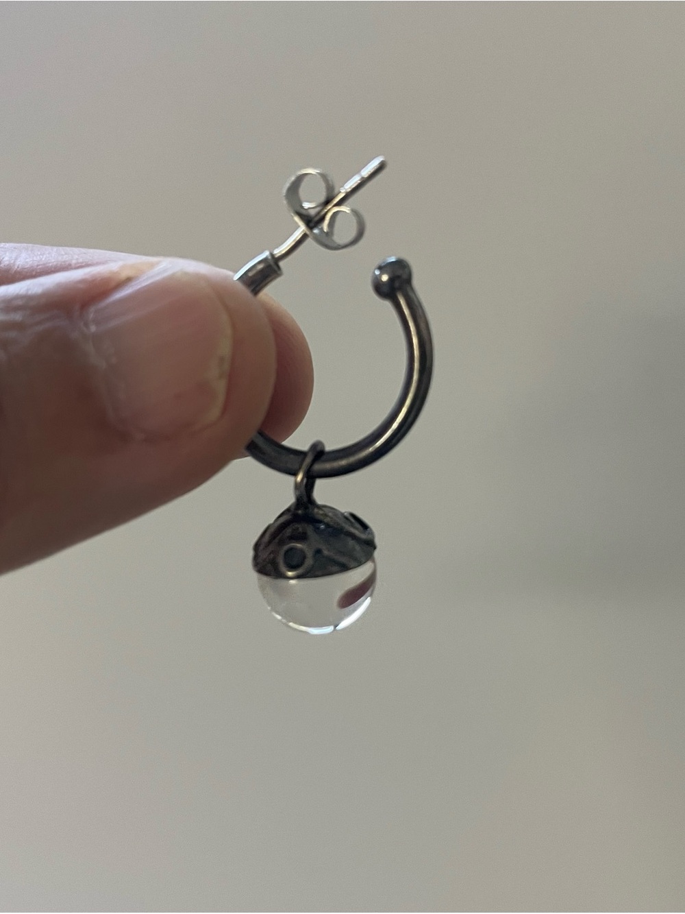 Vintage Sterling Silver Huggie Hoop Earrings Clear Crystal Quartz Sphere Charm